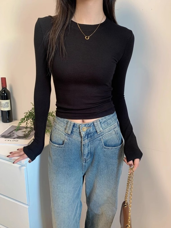 美式灰色正肩小衫长袖t恤女2025秋季新磨毛内搭打底修身百搭上衣|undefined