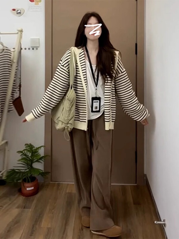 杏色抽绳连帽条纹针织开衫女秋季韩版宽松慵懒凤外穿毛衣上衣外套|undefined