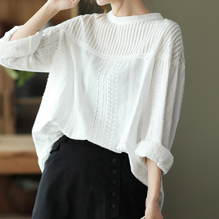 Japanese Artistic Organ Pleated Sweet Lace Hollow Long Sleeve Shirt Women's Solid Color Loose Pullover Top Factory Women