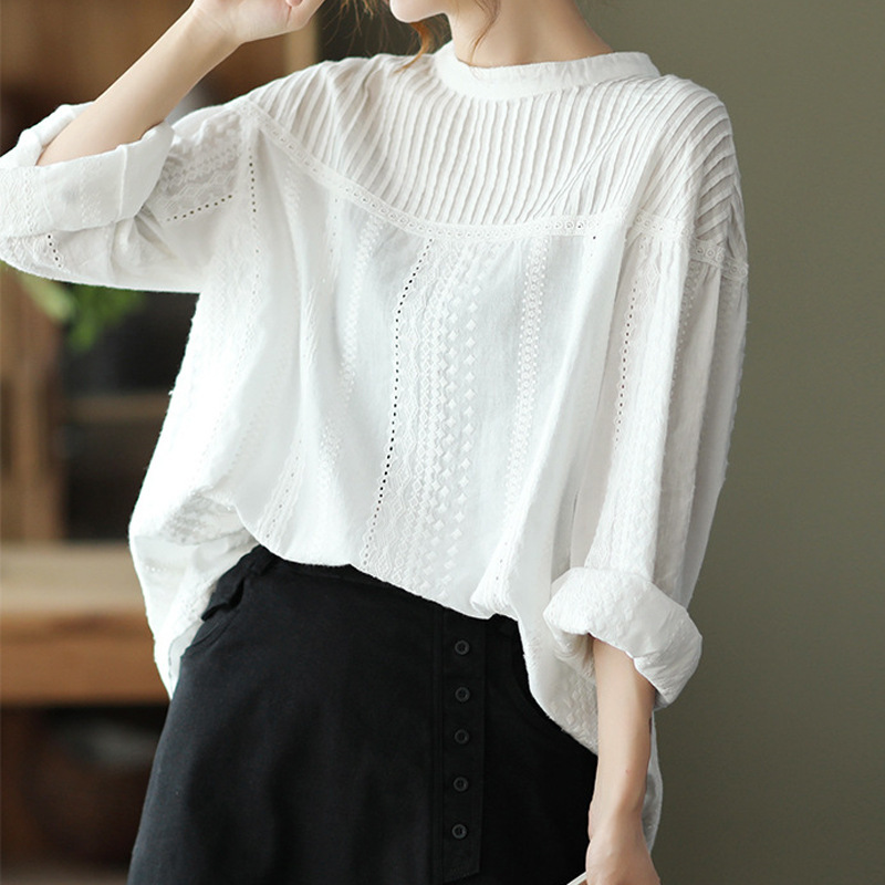 Japanese Artistic Organ Pleated Sweet Lace Hollow Long Sleeve Shirt Women's Solid Color Loose Pullover Top Factory Women Japanese Artistic Organ Pleated Sweet Lace Hollow Long Sleeve Shirt Women's Solid Color Loose Pullover Top Factory Women