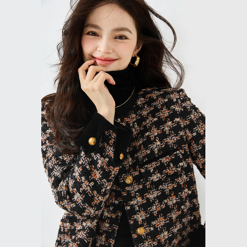 26 Spring Classic Women's Chanel-Style Jacket Retro Velvet Patchwork Plaid Tweed Short Jacket for Women 15381