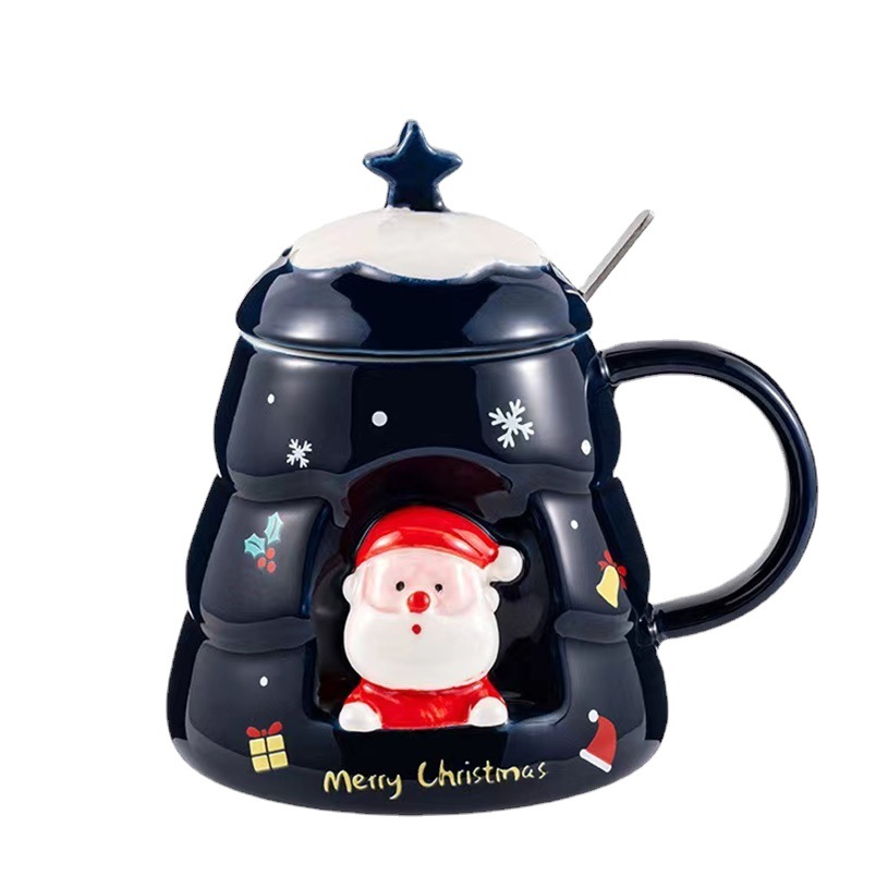 Creativo personalizado Navidad en relieve Taza de cerámica con tapa cuchara hogar taza de beber regalo taza de café de dibujos animados