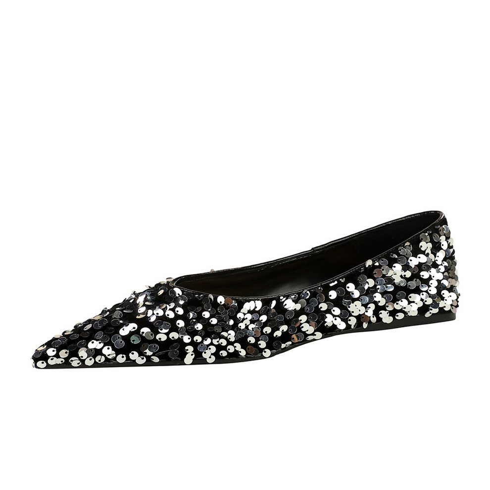 2873-8 Korean Fashion Banquet Flat Shoes Shallow Mouth Pointed Shining Sequin Single Shoes Spring and Autumn Comfortable Flat Heels Women's Shoes