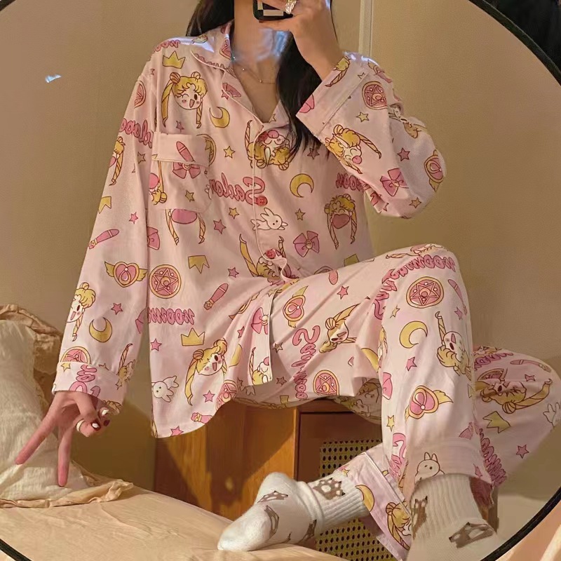 韩国台湾网红跨境代购长袖开衫仿棉睡衣女可爱卡通休闲家居服套装