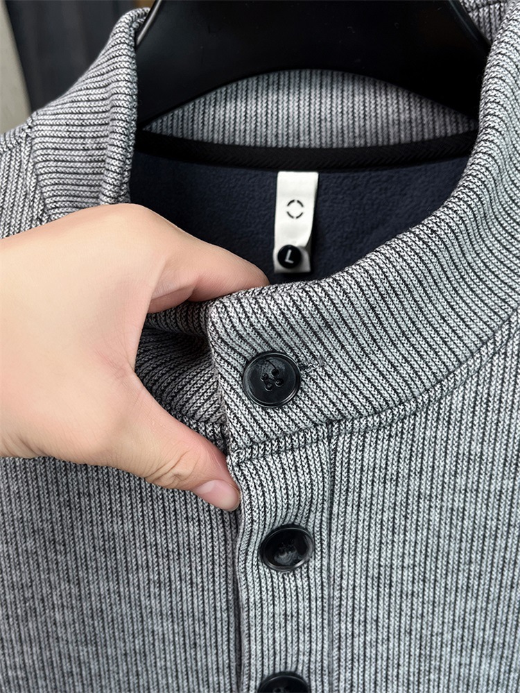 Áo nỉ nam cổ lọ len dệt kim lót lông cừu dày giữ ấm — màu đen chi tiết 5