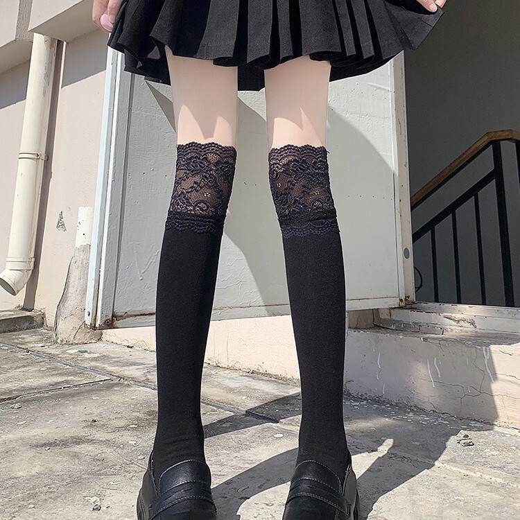 White Lace Trim Calf Socks Women's Lolita Medium Long Over-the-Knee Socks with High Boots Sweet Thigh Stacked Socks
