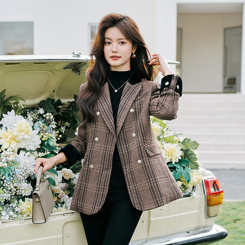 [Foreign Trade Hot Item] High-End Brown Wool Blazer for Women 2026 Spring and Autumn Plaid Woolen Suit Jacket