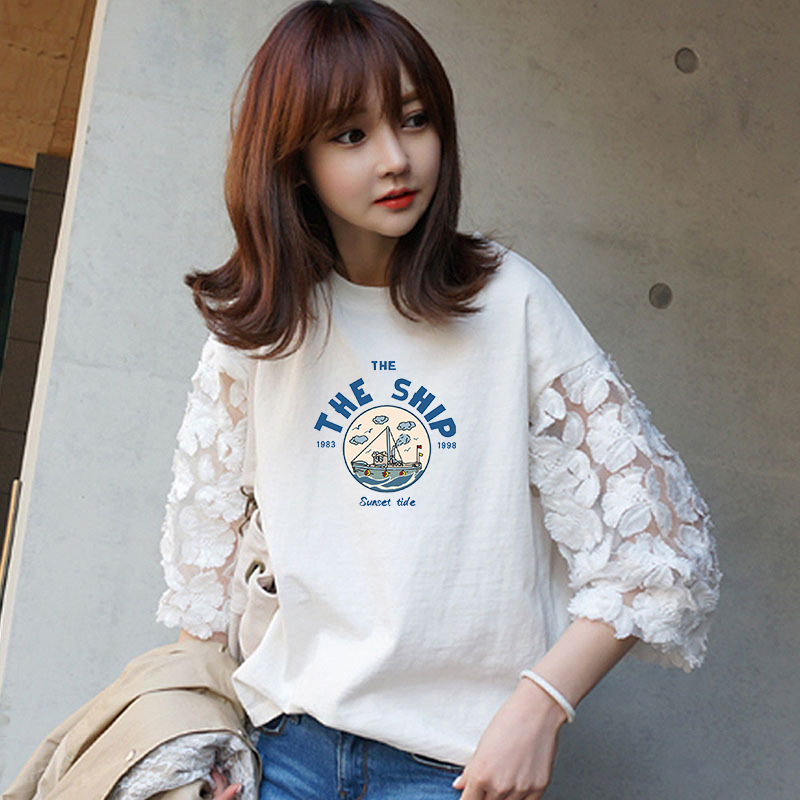 2024 New European and American T-shirt Women's Short-sleeved Stitching Lace Large Size Printed Round Neck Loose Half-sleeved Women's Base Shirt Cotton 2024 New European and American T-shirt Women's Short-sleeved Stitching Lace Large Size Printed Round Neck Loose Half-sleeved Women's Base Shirt Cotton