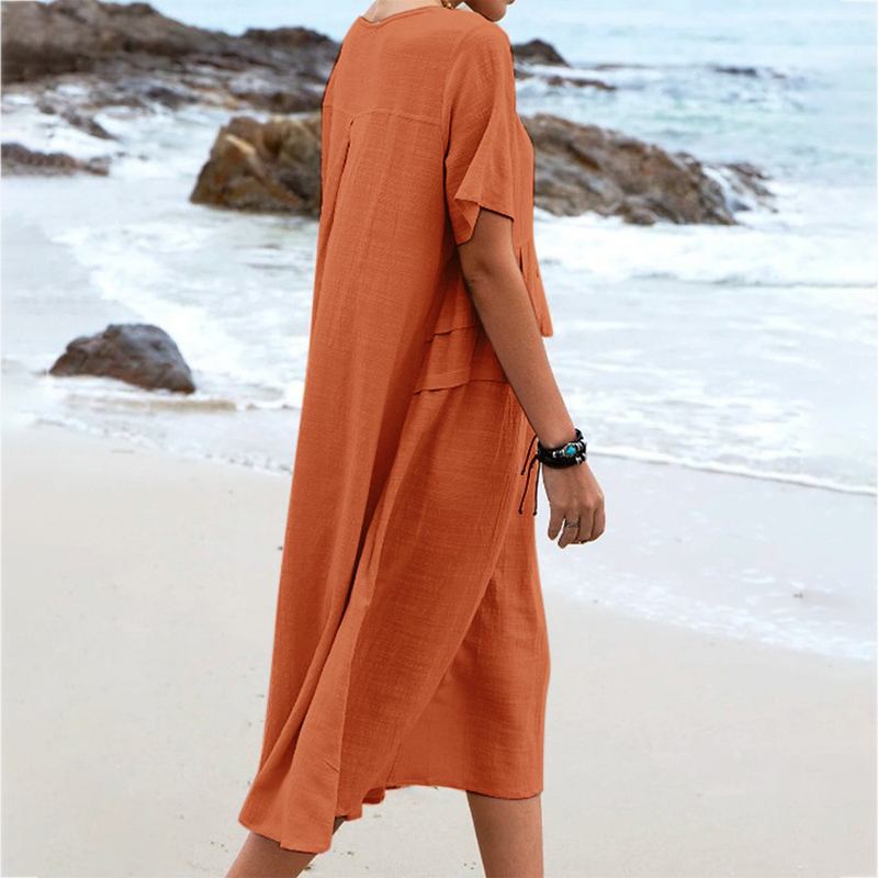 Robe d'été décontractée pour femme, coupe ample, col rond, manches courtes, longueur mi-longue, en coton et lin, couleur unie_voghion.com
