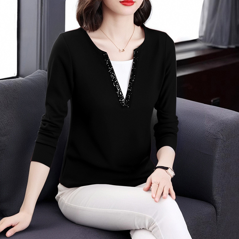 Versatile Beaded Autumn/Winter Base Shirt for Women m Casual New 4Xlt Shirt Spring Rhinestone Slimming Long Sleeve Fake Two-Piece T-Shirt