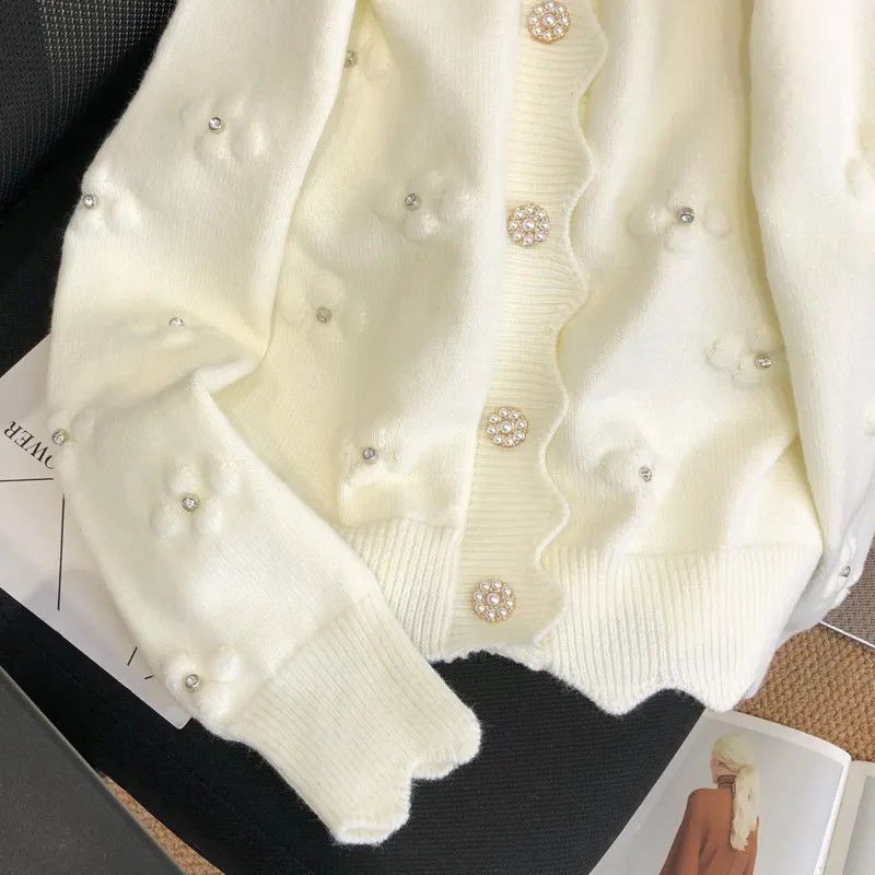 ホワイトセレブ刺繍ニットカーディガン 2025 初春トップフラワーセータージャケット春の新作アウターウェア女性|undefined