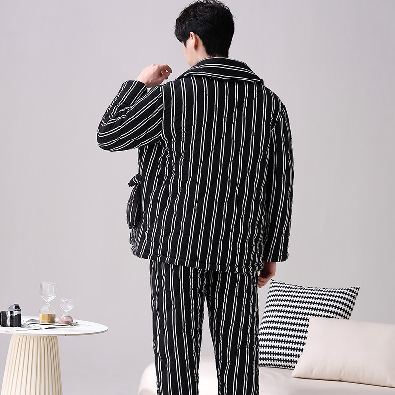 100% algodón pijamas calientes hombres Otoño e Invierno de tres capas acolchadas juventud rayas estilo coreano prendas de vestir exteriores engrosada homewear