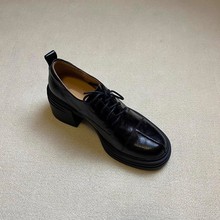 现货~复古高跟乐福鞋女系带百搭黑色小皮鞋小个子增高粗跟单鞋女