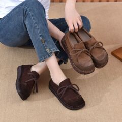 头层牛皮2025秋季新款软底妈妈鞋复古擦色平底防滑真皮系带女鞋