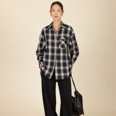 2025春秋款黑白格纹衬衫女落肩宽松廓形衬衣慵懒百搭休闲外套​​
