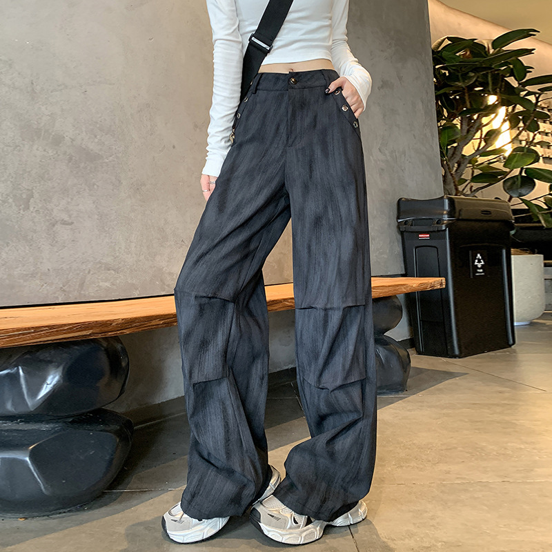 2026春美式复古宽松弹力扎染工装裤休闲直筒裤女高腰街舞阔腿长裤