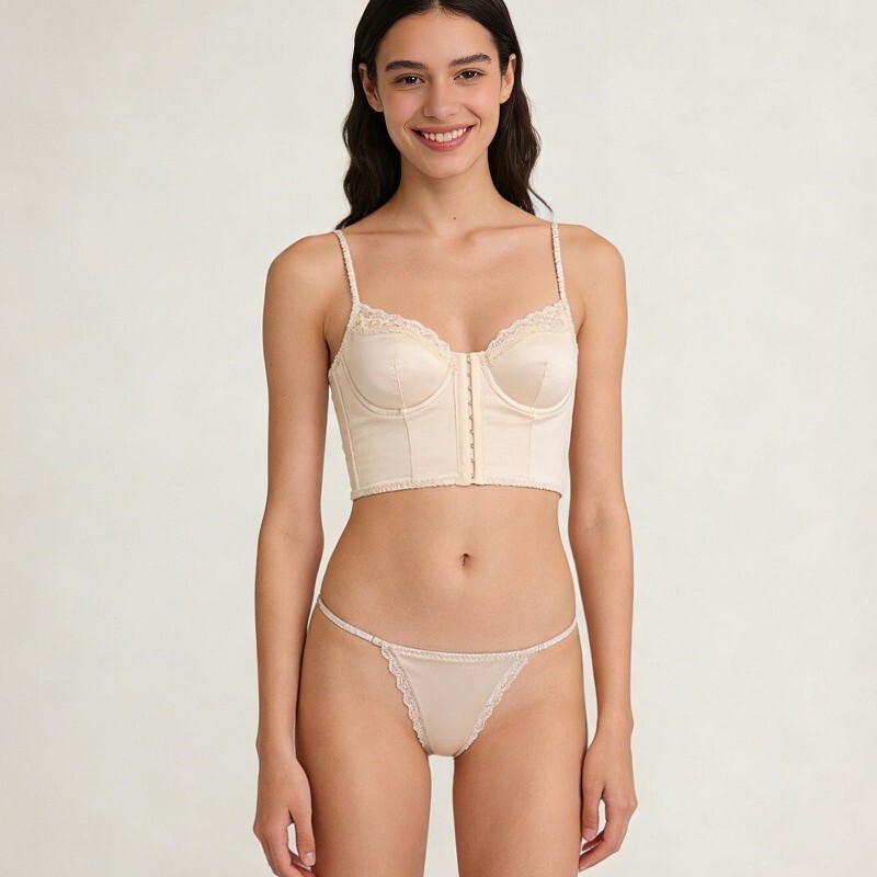 French-Style Front-Buttoned Backless Bra with Satin Lace Trim, Vest-Style Shapewear Sexy Bra Set