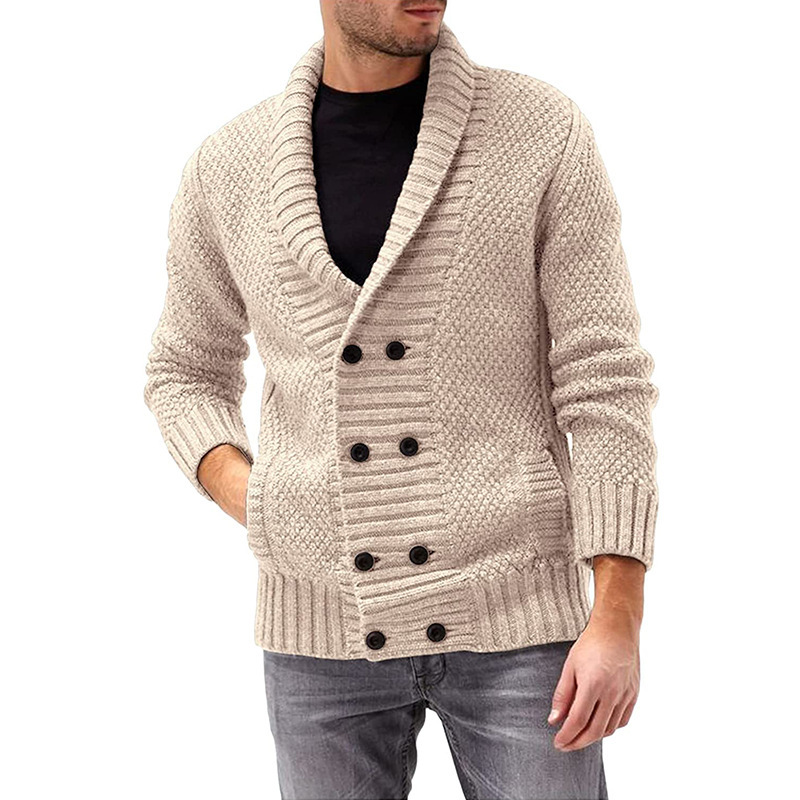2025 Amazon New Sweater Cardigan Men's Pure Color Lapel Double-Breasted Long-Sleeved Knitted Jacket European and American Sweater