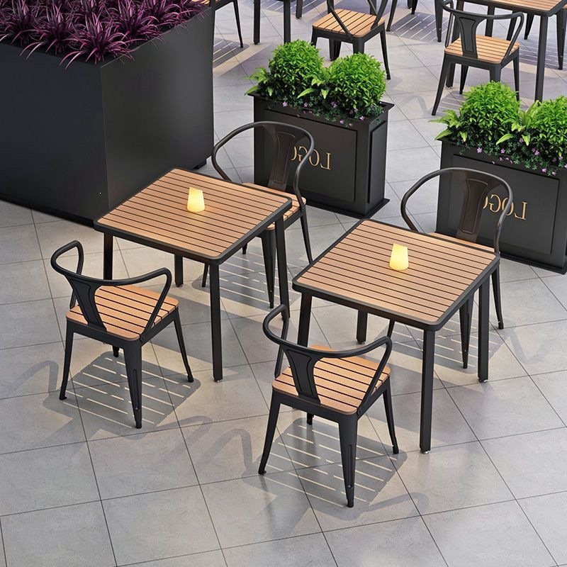 Plastic-wood outdoor table and chair set, rainproof and sunproof, for milk tea shops, cafes, open-air balconies, courtyards, and outdoor stalls