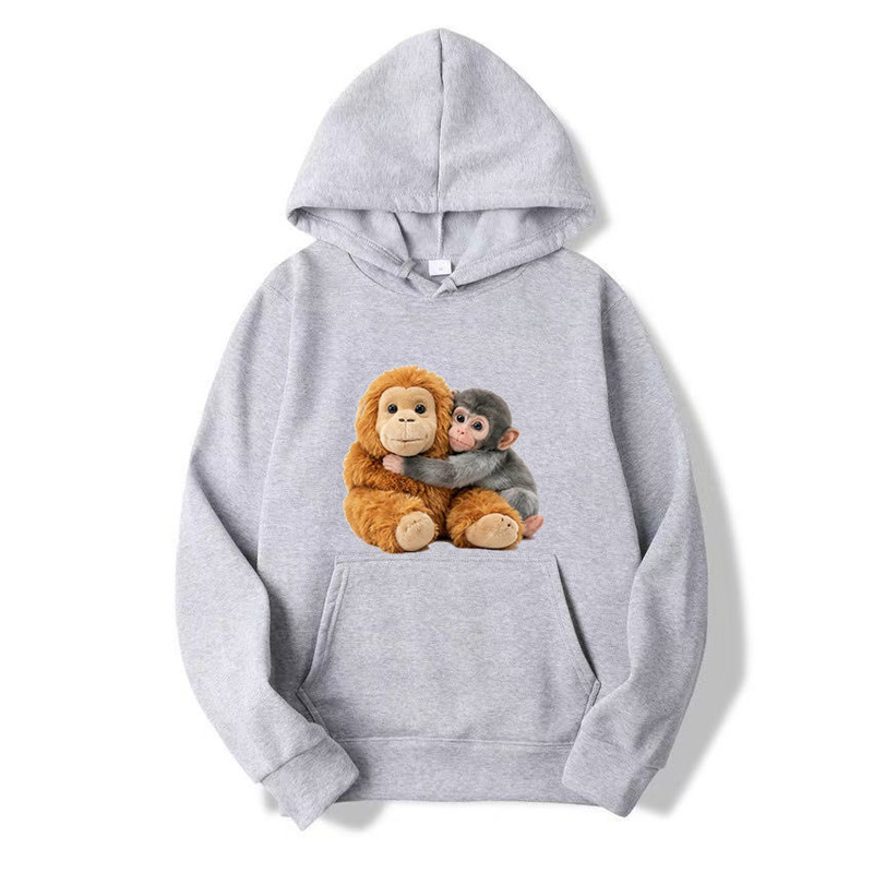 New Adult Hooded Sweatshirt with Cartoon Plush Monkey Hug Pattern, Couple's Casual Trendy Jacket New Adult Hooded Sweatshirt with Cartoon Plush Monkey Hug Pattern, Couple's Casual Trendy Jacket
