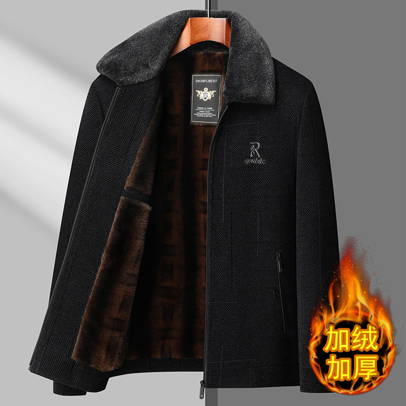 爸爸夹克秋冬装毛呢外套加绒加厚男士中老年雪尼尔夹克翻领棉衣