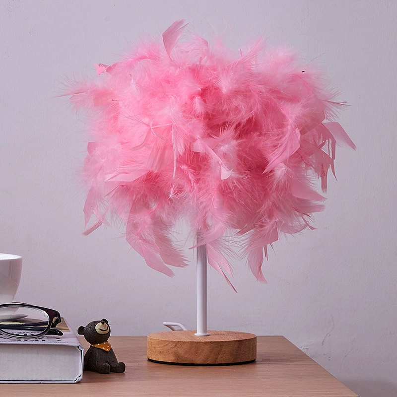 Table Lamp Feather Bedside Lantern, USB Rechargeable 1500 mAh, Touch Dimming, Wood Base