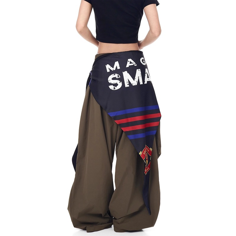 时尚设计感屁帘工装伞兵休闲裤女宽松美式复古褶皱弯刀阔腿长裤子|undefined