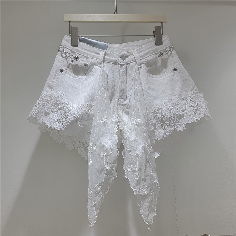 Pantalones Cortos Jeans con Encaje de Denim de Poliéster Cintura Baja Diseño de Empalme