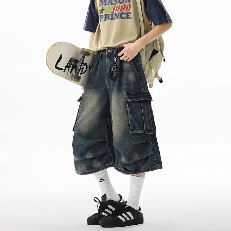 American-Style Pleated Cargo Cropped Jeans for Men and Women, Summer Trendy Brand Design with Large Pockets, Wide-Leg Pants, Over-The-Knee Mid-Length Pants