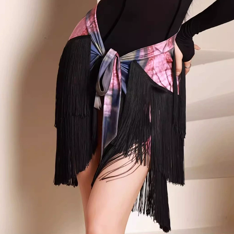 Новый латинский танцевальный костюм женский взрослая юбка с кисточкой многослойная юбка полые юбки косой юбка для упражнений юбка