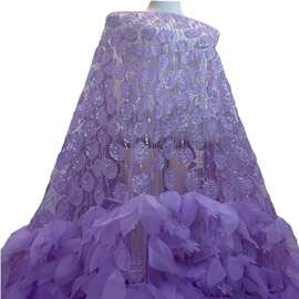 高定手工订花珠绣网纱珠管亮片绣高端珠子绣布料婚纱礼服面料lace