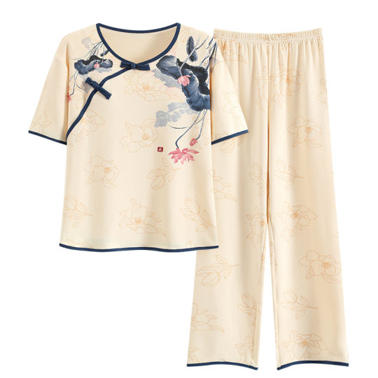 New Chinese Style National Style Pajamas Short-sleeved Trousers Summer Thin Antique Hanfu Cotton Home Clothes suit Women's Outer Wear