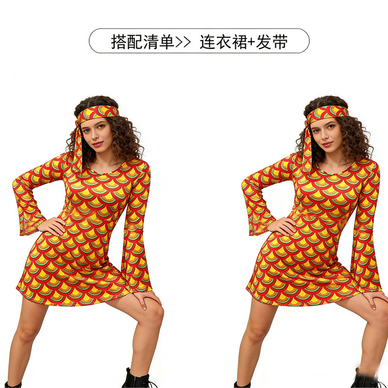 Cross-border foreign trade Halloween 70s hippie disco costume Gogo dress with headscarf + dress two-piece set