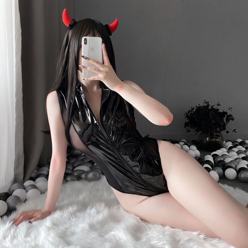 Sexy Women's Zipper Over Crotch Nightclub One-piece Leather Clothing European and American Foreign Trade Patent Leather PU Temptation Leather Mirror Sexy Underwear