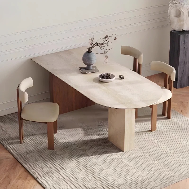 Mesa de comedor de madera sólida medieval de piedra y tabla de roca de diseño retrógrado de estilo francés, mesa de comedor de isla semi-elíptica creativa