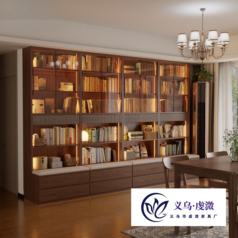 Winter Wood Solid Wood Bookcase Full Wall Combination Full Wall Bookcase Display Cabinet with Glass Door Living Room Storage Cabinet Bookshelf Against the Wall