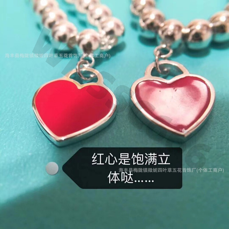 T Brand Classic S925 Sterling Silver Heart Bracelet Enamel Resin Blue Heart Pink Heart Pendant Heart-Shaped Bead Bracelet for Couples