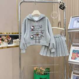 女童春装套装2026新款洋气儿童休闲韩版时髦连帽卫衣百褶裙两件套