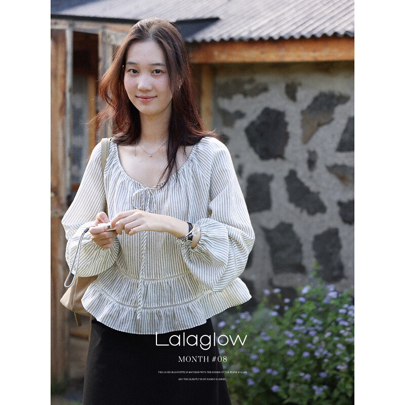 Lalaglow Wind-Chasing Days French-Style Lace Striped Shirt for Women, Spring Loose-Fitting Slimming Babydoll Shirt Lalaglow Wind-Chasing Days French-Style Lace Striped Shirt for Women, Spring Loose-Fitting Slimming Babydoll Shirt