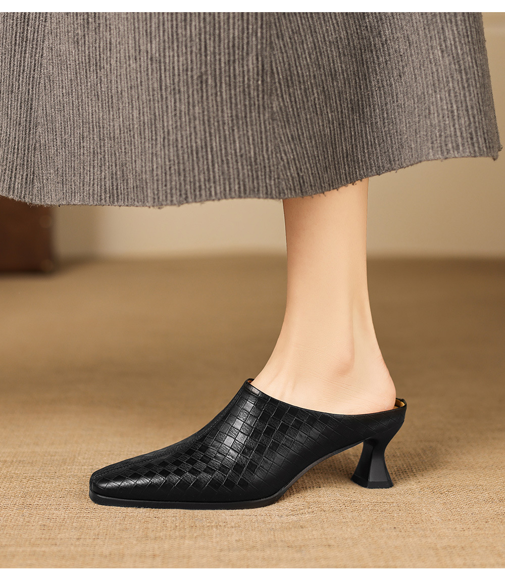 Sandal nữ bít mũi gót thô 5 cm, da bò đơn giản mùa xuân hè — đen chi tiết 13