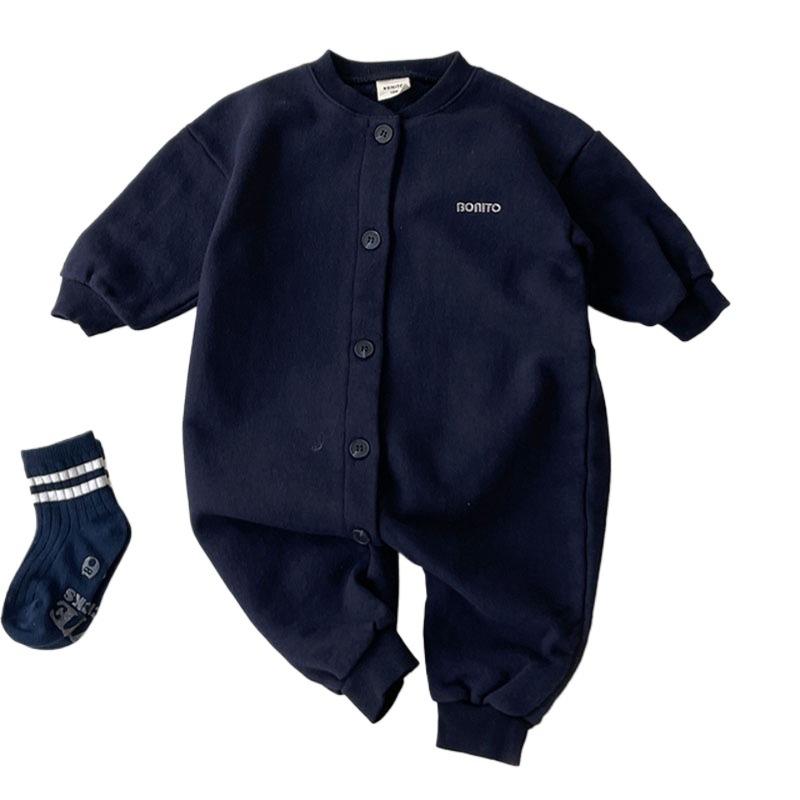 Ins estilo coreano bebé primavera y otoño de manga larga carta de un solo pecho largo escalada bebé color sólido estilo occidental romper ropa de los niños moda