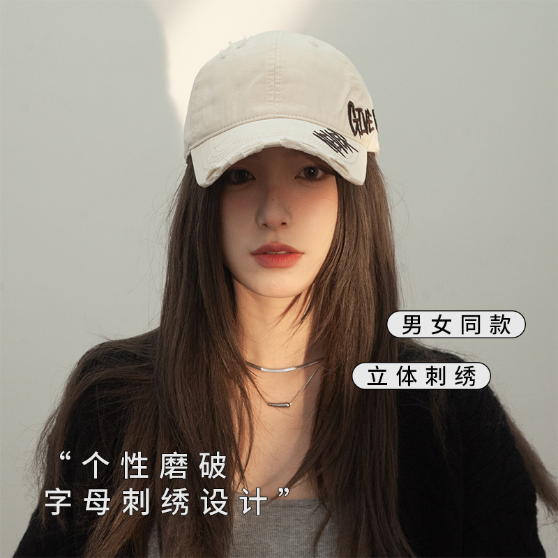 Retro americano lavado con agua para hacer viejos agujeros gorras de béisbol de verano mujeres letras de sombrero bordadas versátiles muestran cara gorras de lengua de pato