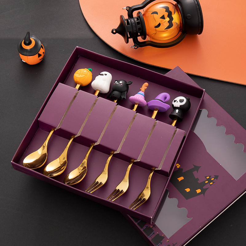 Cross-Border Stainless Steel Tableware Halloween Doll Spoon Cartoon Dessert Spoon Fruit Fork Halloween Doll Set Gift Box Cross-Border Stainless Steel Tableware Halloween Doll Spoon Cartoon Dessert Spoon Fruit Fork Halloween Doll Set Gift Box