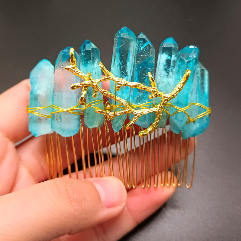 라이트 블루 크리스탈 + 황금 머리 빗 황금 가지