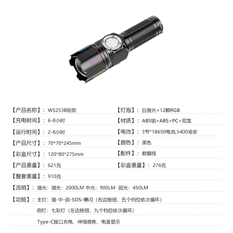 手电筒大功率强光充电长续航手电跨境新款伸缩变焦高流明蓝牙音箱|undefined