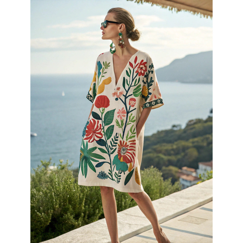 2025 Summer European and American Cross-Border Independent Station Amazon New Loose Printed V Neck Women's Casual Vacation Dress