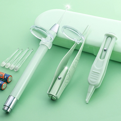 Children's luminous ear spoon set, ear scoop, ear scoop, baby ear tweezers with light, booger clip, rechargeable battery soft head
