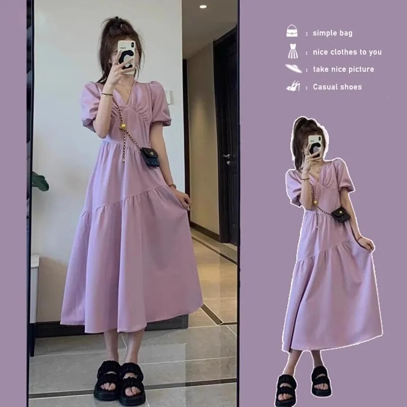 2026 New Summer Plus-Size Women's Long Dress, Slimming and Waist-Cinching, High-End French-Style Purple Dress for Slightly Plump Women