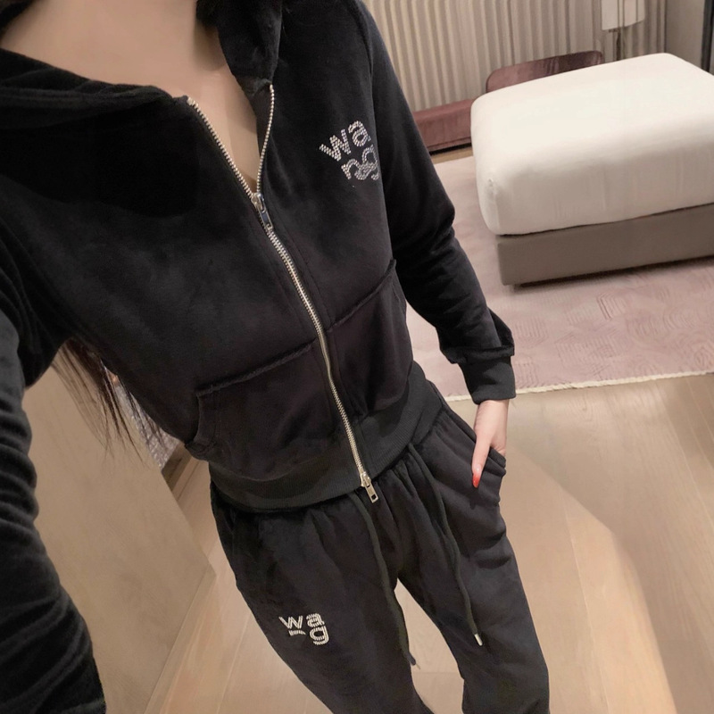秋季新款烫钻字母WA拉链外套大长腿套装女时尚简约休闲两件套潮|undefined