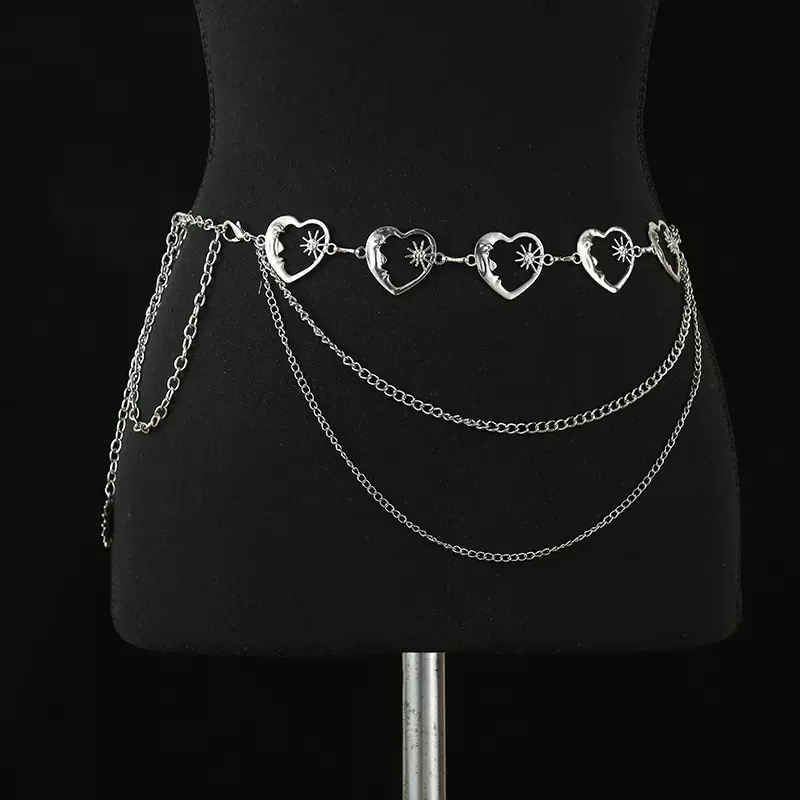 跨境热销设计感腰部饰品爱心月牙链条复古金属太阳花吊坠腰链爆款
